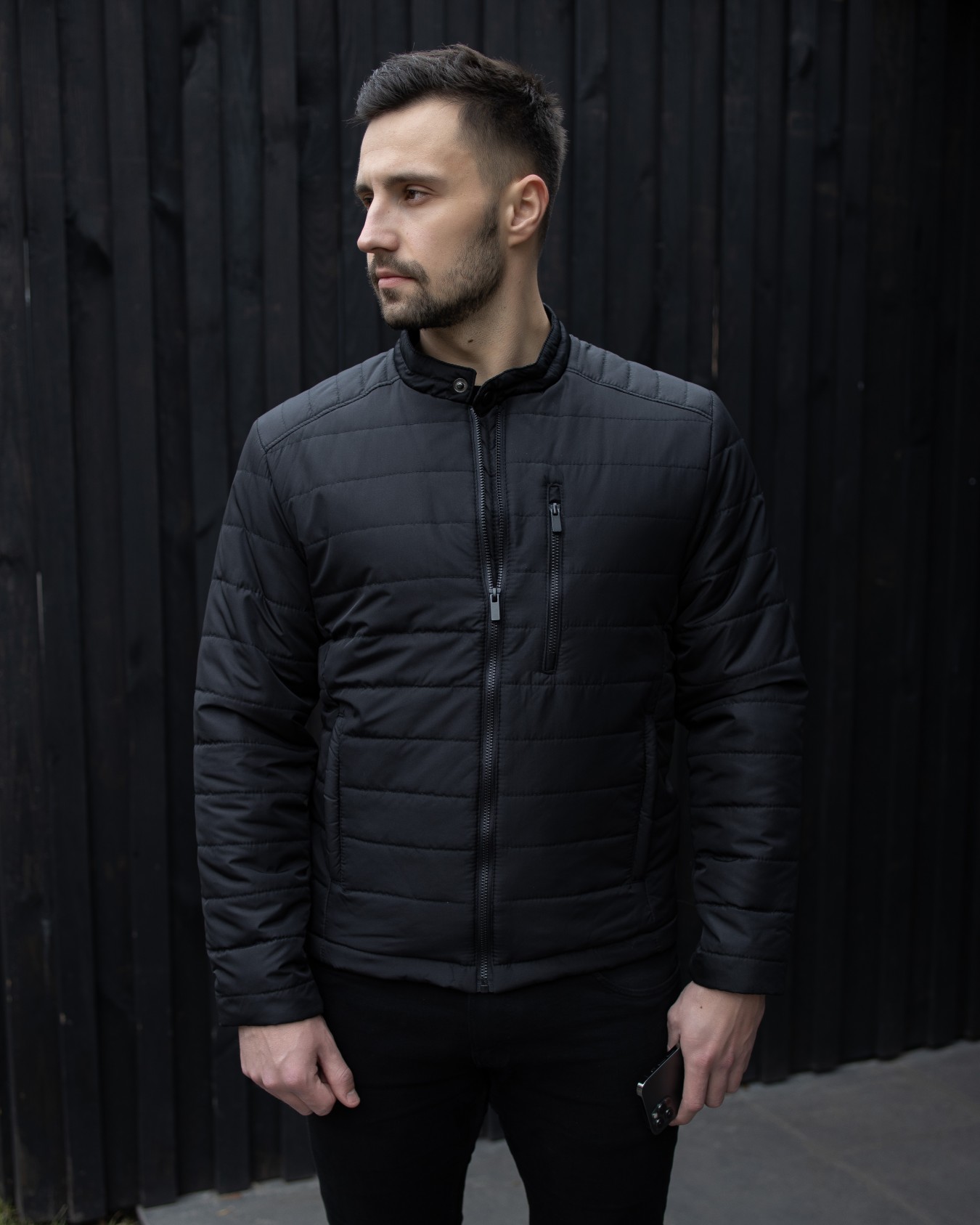 product-1442 Мужская Черная Курточка Легкая Демисезонная - Стеганая на Молнии