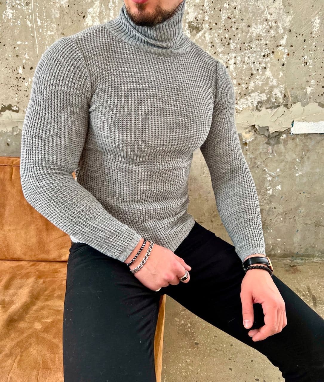 product-400 Мужской Серый Свитер Гольф Дюна - Приталенного Кроя с Высоким Воротником