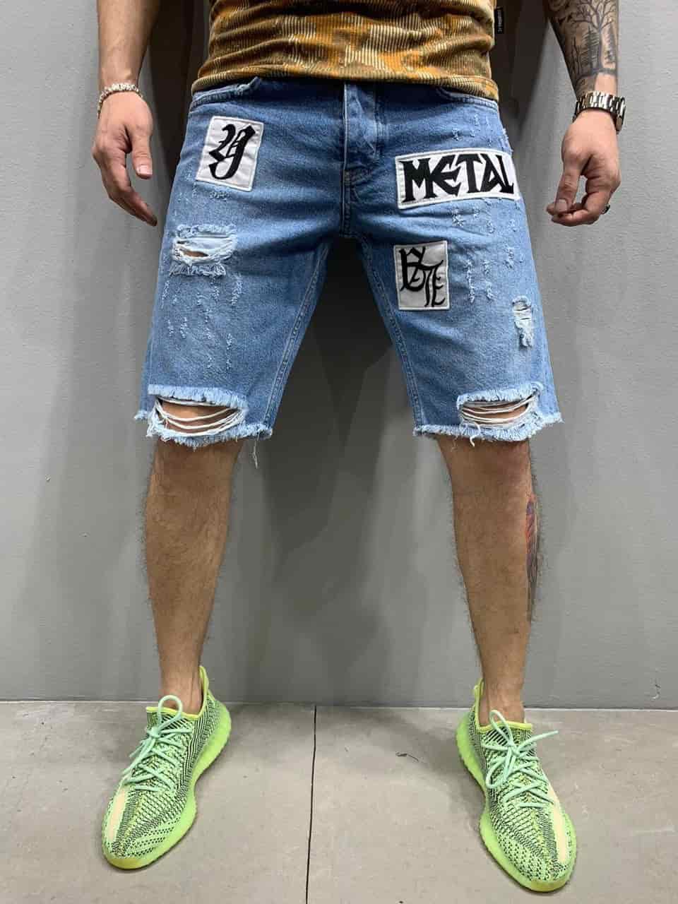 5ec6bbd4dd819 Мужские Джинсовые Шорты Голубые - Рванные с Нашивками Принтами