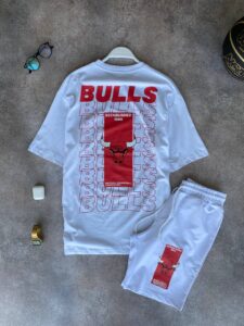Мужской Белый Летний Комплект Chicago Bulls - Чикаго Буллз с принтом на Спине (Шорты + Футболка)