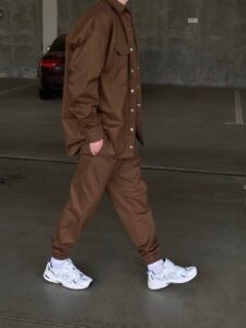 Мужской Коттоновый Коричневый Костюм Комплект Классический - Рубашка На Кнопках и Штаны Джоггеры