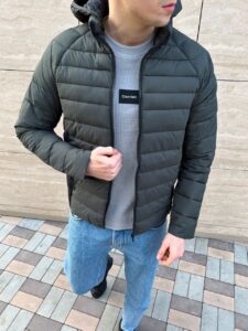 Мужская Серая Куртка Демисезонная - Приталенная Стеганая со Съемным Капюшоном
