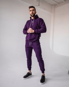 Мужской Фиолетовый Спортивный Костюм Базовый - Худи с Вышитым Значком + Штаны