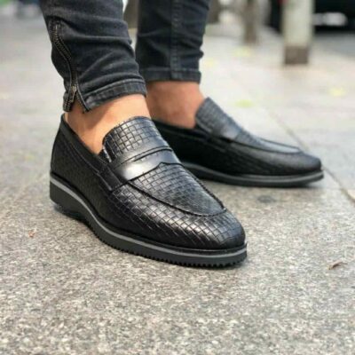 Мужские Кожаные Черные Туфли - Классические с Плетением