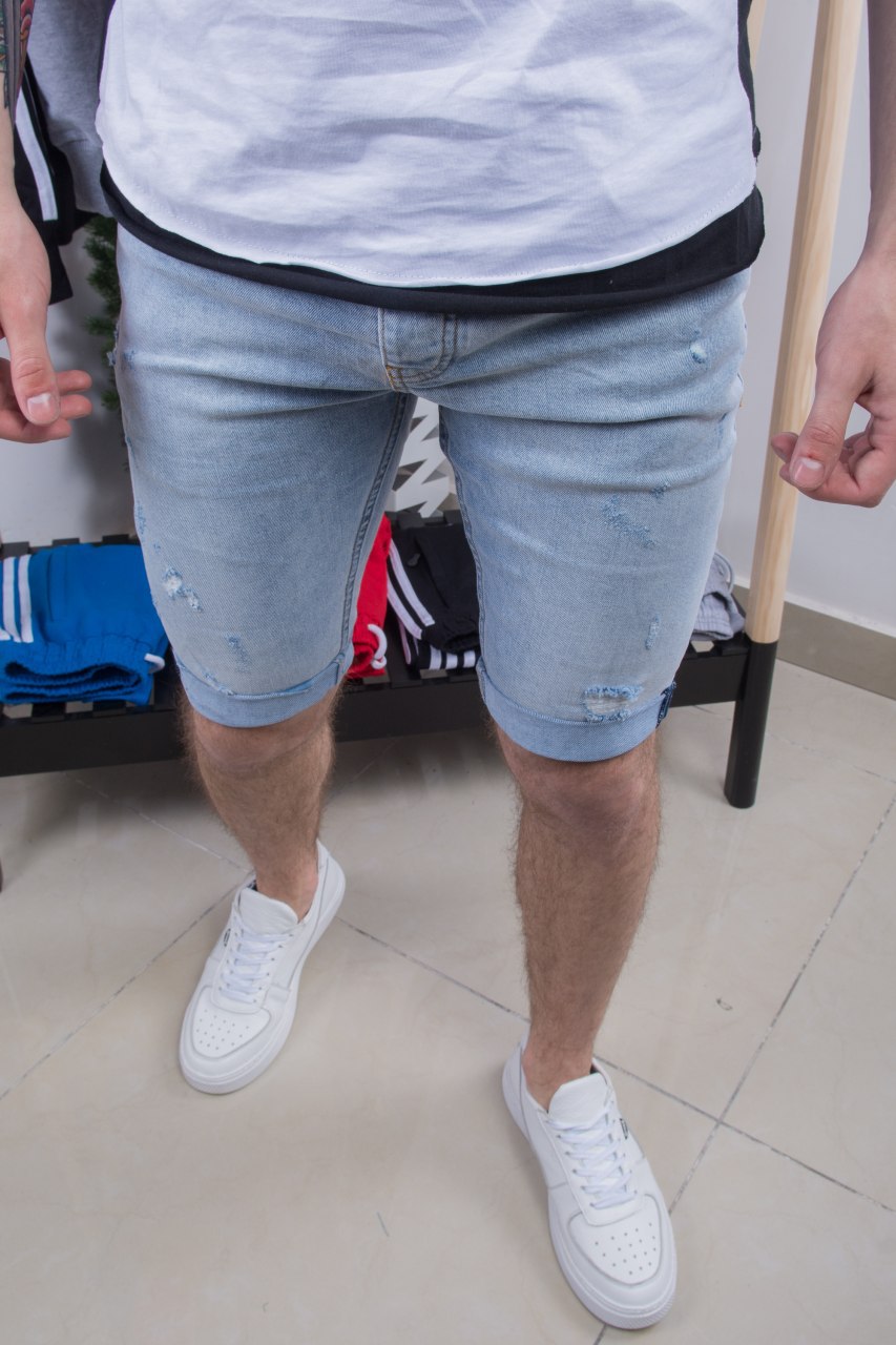 Мужские Джинсовые Шорты Голубые - Зауженные Летние Рваные с Потертостями Мужские Джинсовые Шорты Голубые - Зауженные Летние Рваные с Потертостями