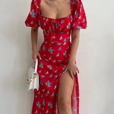 Женское Длинное Платье Красное - Летнее с Разрезом в Цветочный Принт