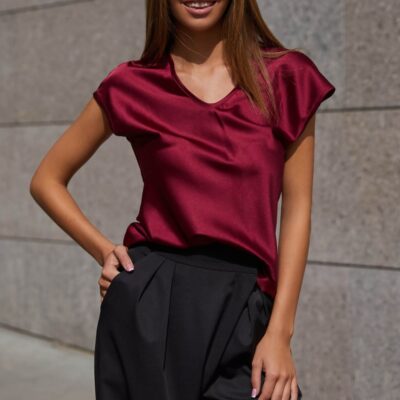Женская Бордовая Шелковая Блуза - Базовая без Рукавов