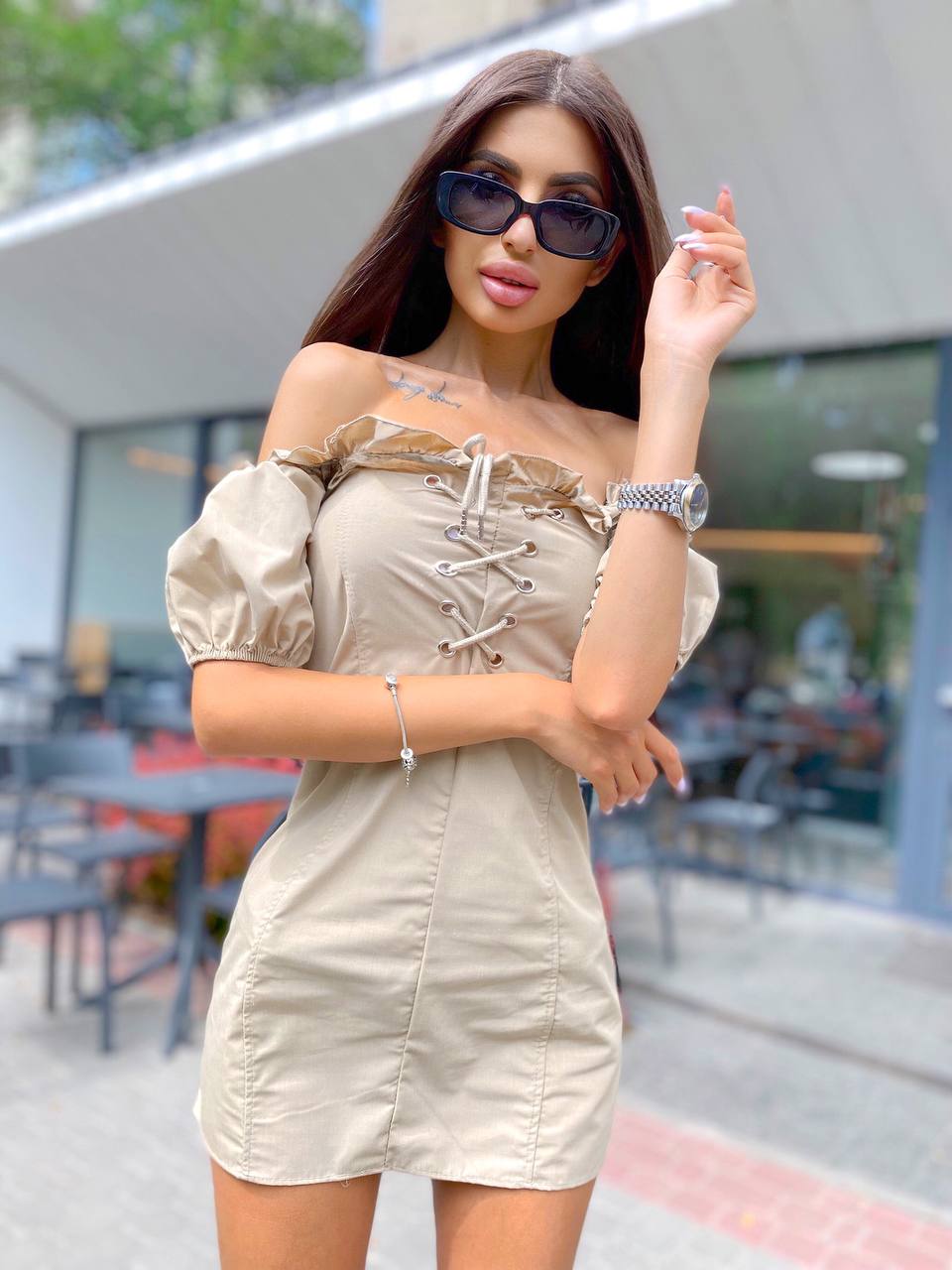 Женский Сарафан Мини Бежевый - Летний Котон с Пышным Рукавом на Шнуровке Женский Сарафан Мини Бежевый - Летний Котон с Пышным Рукавом на Шнуровке