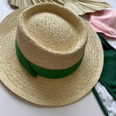 Женская Соломенная Шляпа Канотье с Зеленой Лентой