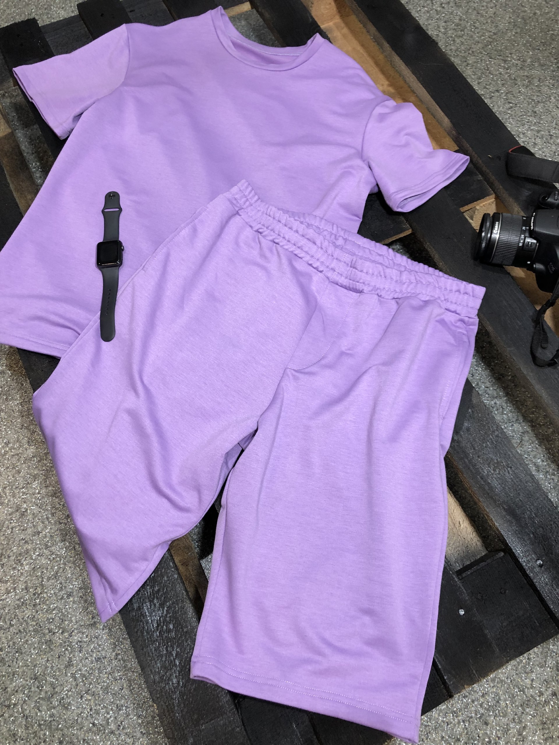 Мужской Костюм Двойка Сиреневый - Легкий Летний Оверсайз Шорты+Футболка Однотонный Мужской Костюм Двойка Розовый - Легкий Летний Оверсайз Шорты+Футболка Однотонный с Надписью