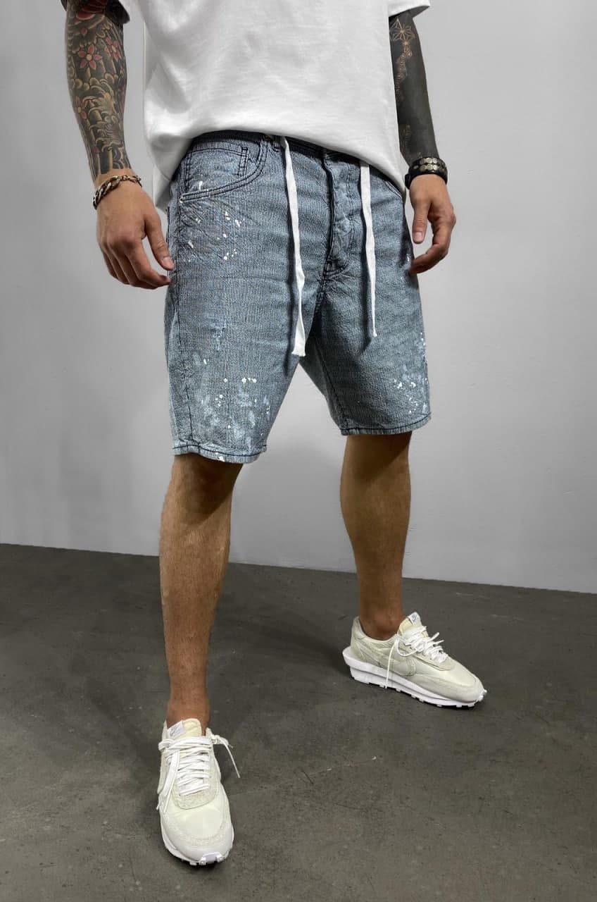 Мужские Джинсовые Шорты Голубые - Свободного Кроя Летние Брызгами Краски Мужские Джинсовые Шорты Голубые - Свободного Кроя Летние Брызгами Краски