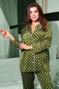Женская Зеленая Хаки Шелковая Пижама Рау в Горошек - Ночной Комплект Рубашка и Штаны