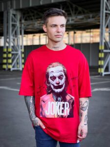 Мужская Красная Оверсайз Футболка “Joker” - Коттоновая Принт Джокер