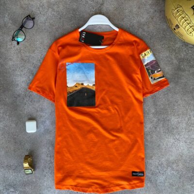 Мужская Оранжевая Футболка Свободного Оверсайз Кроя - Коттоновая в Фото Принтах
