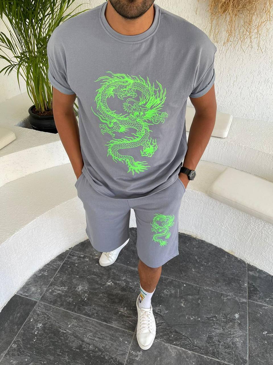 photo_2022-06-03_12-23-25 Мужской Летний Комплект Серого Цвета - Легкий Костюм с Принтом Дракона (Футболка +Шорты)