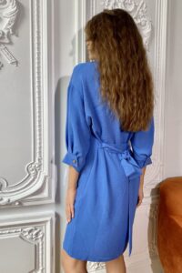 Женское Синее Платье-Рубашка Лиана с Поясом на Пуговицах