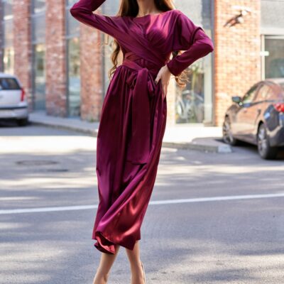 Женское Бордовое Шелковое Платье Мадейра - Длина Миди с Поясом и Длинными Рукавами
