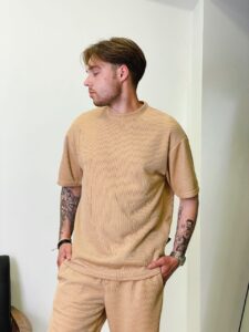 Мужской Бежевый Костюм Комплект Базовый Однотонный с Рубчатой Ткани (Футболка + Шорты)