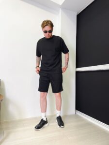 Мужской Летний Черный Костюм Комплект Базовый Однотонный с Рубчатой Ткани (Футболка + Шорты)