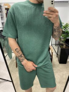 Мужской Летний Мятный Костюм Комплект Базовый Однотонный (Футболка + Шорты)