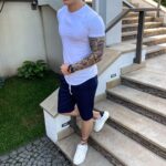 Мужской Летний Комплект Классический Базовый - Приталенная Белая Футболка Лонг + Синие Шорты на Шнурках