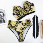 Женский  Раздельный Черный Купальник в Стиле Барокко - Удлиненный Лиф с Кружевными Съемными Бретелями