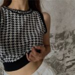 Женский Трикотажный Черно-Белый Кроп-Топ в Принт Узор Гусиная Лапка