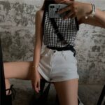 Женский Трикотажный Черно-Белый Кроп-Топ в Принт Узор Гусиная Лапка