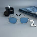 Мужские Стильные Синие Солнцезащитные Очки с Металлической Серебристой Оправой