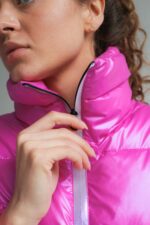 Женская Розовая Куртка Пуховик Перламутровая Стеганая Дутая с Высоким Воротником