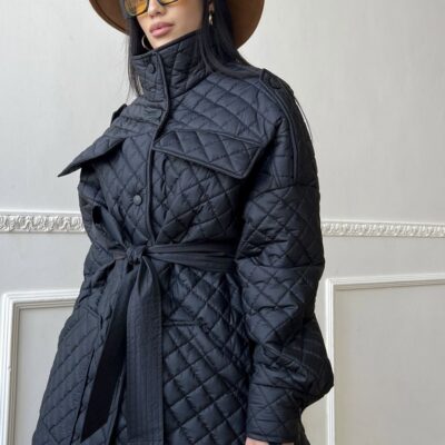 Женская Черная Куртка Ита Оверсайз - Демисезонная Стеганая с Поясом и Высоким Воротником Плащевка