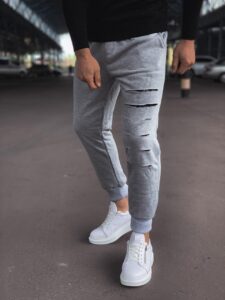 Мужские Спортивные Штаны Серые Меланж - Спортивки Зауженные к Низу с Порезами