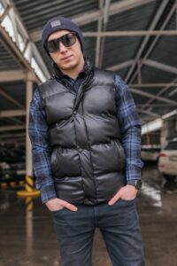 Мужская Кожаная Черная Жилетка - Удобная Дутая Стеганая Высокий Воротник