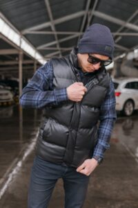 Мужская Кожаная Черная Жилетка - Удобная Дутая Стеганая Высокий Воротник