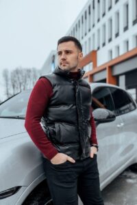 Мужская Кожаная Черная Жилетка - Удобная Дутая Стеганая Высокий Воротник