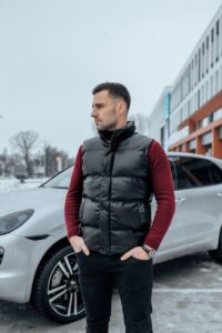 Мужская Кожаная Черная Жилетка - Удобная Дутая Стеганая Высокий Воротник