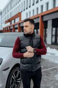 Мужская Кожаная Черная Жилетка - Удобная Дутая Стеганая Высокий Воротник
