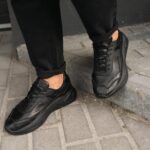 Мужские Черные Кроссовки Кожаные с Ортопедической Стелькой