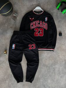 Мужской Черный Спортивный Костюм Chicago Bulls – Чикаго Буллз Коттоновый Оверсайз с Нашивками