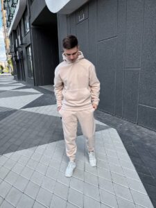 Мужской Теплый Бежевый Костюм Мягкий - Худи + Штаны Свободного Кроя Оверсайз