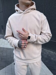 Мужской Теплый Бежевый Костюм Мягкий - Худи + Штаны Свободного Кроя Оверсайз