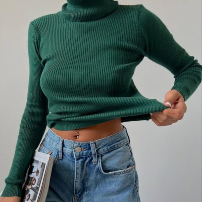 Женский Зеленый Гольф с Двойным Горлом Воротником - Облегающая Кофта Водолазка
