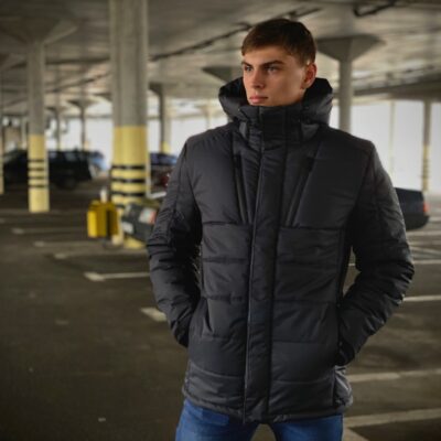 Мужская Зимняя Куртка Темно-Серого Цвета Водоотталкивающая Базовая - Приталенная Стеганая с Капюшоном