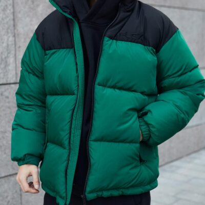 Мужская Зимняя Зеленая Куртка - Объемная Дутая Стеганая с Капюшоном в Воротнике