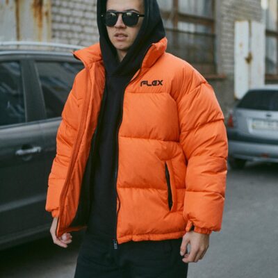 Мужская Зимняя Оранжевая Куртка - Объемная Дутая Стеганая с Капюшоном в Воротнике