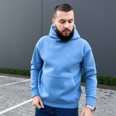 Мужское Худи Синего Цвета Оверсайз - Теплое Базовое на Флисе с Двойным Капюшоном