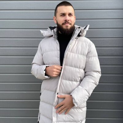 Мужская Удлиненная Зимняя Серая Куртка - Стеганая Дутая с Капюшоном