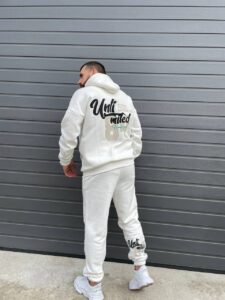 Мужской Белый Спортивный Костюм Худи Штаны с Принтом из Хлопка