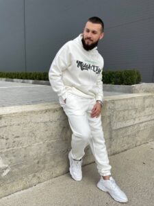 Мужской Белый Спортивный Костюм Худи Штаны с Принтом из Хлопка