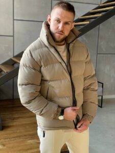 Мужская Зимняя Коричневая Мокко Куртка Базовая - Стеганая Дутая Высокий Воротник